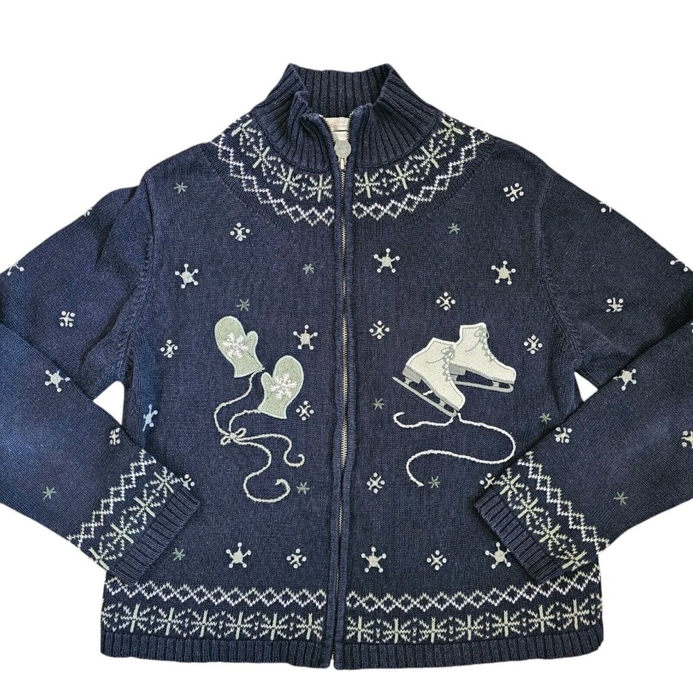 Y2K‎ Womens Navy Blue Cardigan Medium Novelty Ice Skate Fair Isle Beaded Nordic